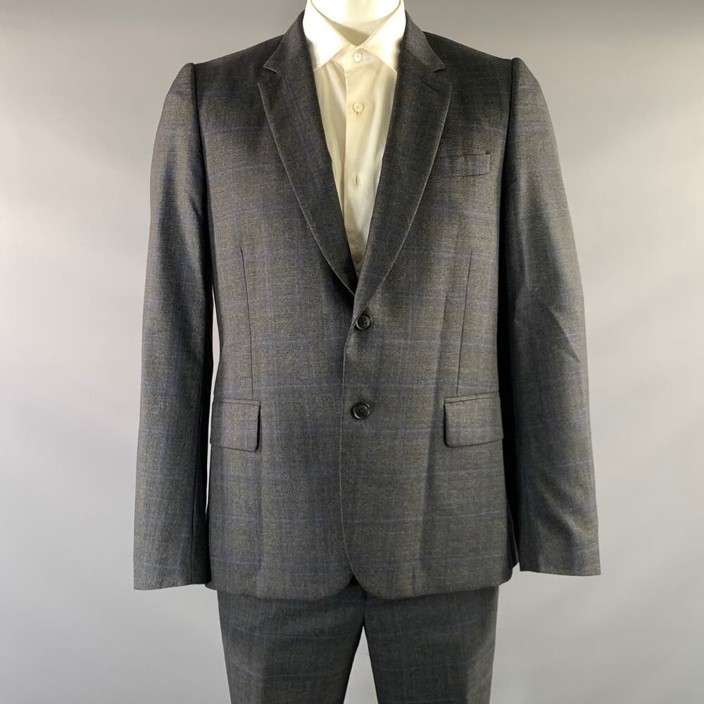 PAUL SMITH Chest Size 44 Grey Navy Plaid Wool Notch Lapel 36 31 Suit